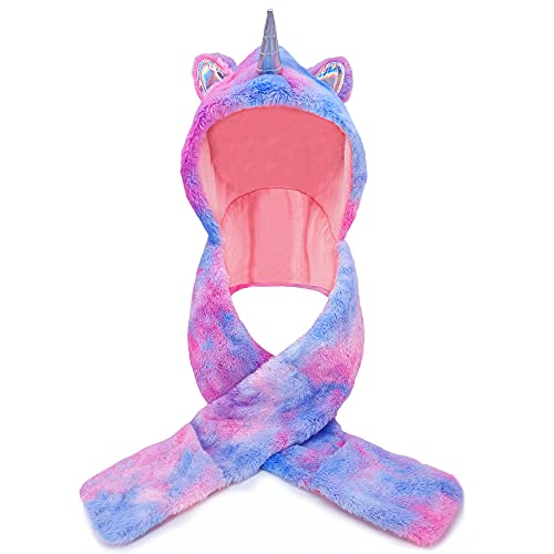 Girls Unicorn Hat, Plush Winter Hat for Kids Soft Plush Hat and Gloves(Pink and Sky Blue, One Size)