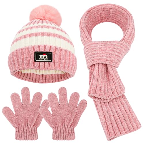 QKURT Children Beanie Hat Scarf Glove Set, Kids Winter Warm Knitted Set Stripe Thermal Cap with Pom Hairball Neck Warmer Gloves Soft Hat Scarf Mitten for 5-12 Years Old
