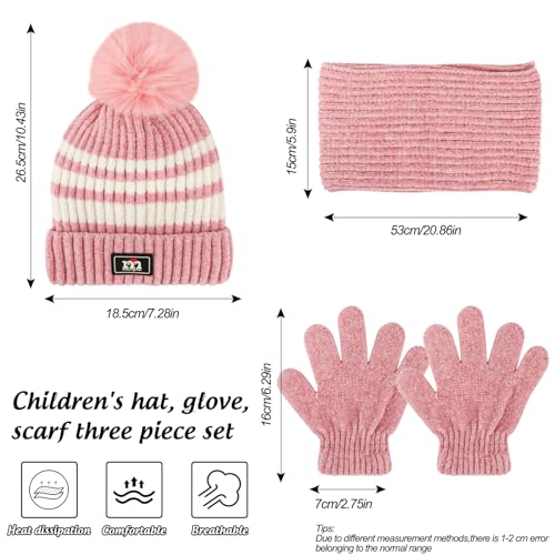 QKURT Children Beanie Hat Scarf Glove Set, Kids Winter Warm Knitted Set Stripe Thermal Cap with Pom Hairball Neck Warmer Gloves Soft Hat Scarf Mitten for 5-12 Years Old
