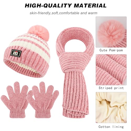 QKURT Children Beanie Hat Scarf Glove Set, Kids Winter Warm Knitted Set Stripe Thermal Cap with Pom Hairball Neck Warmer Gloves Soft Hat Scarf Mitten for 5-12 Years Old