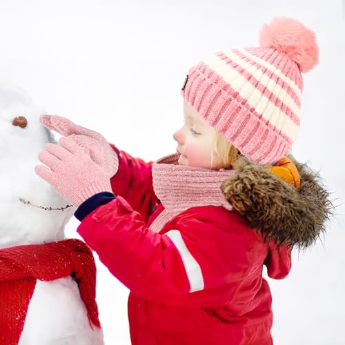 QKURT Children Beanie Hat Scarf Glove Set, Kids Winter Warm Knitted Set Stripe Thermal Cap with Pom Hairball Neck Warmer Gloves Soft Hat Scarf Mitten for 5-12 Years Old