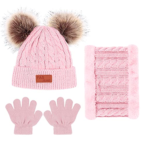 Kids Winter Beanie Hat Scarf Gloves Set 3 in1, 3Pcs Knit Warm Toddler Winter Cap Gloves Neck Warmer for Boys Girls 1-6 Year, Winter Accessories Sets for Children Outdoor Sports (Pink)