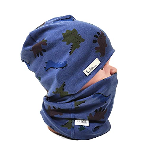 FUYAO Baby Kids Cotton Hat and Tube Scarf Set Children Toddler Spring Autumn Winter Warm Beanie Cap Scarves for Boys and Girls (Dinosaur Navy Blue, 3-6 Years)