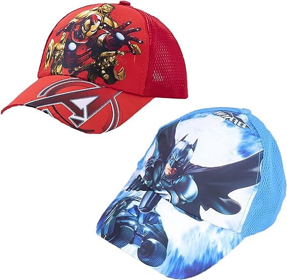 Tomicy Children's Summer Baseball Caps 2pcs Kids Cartoon Peaked Cap Cartoon Design One Size Baseball Cap for Boys Girls Adjustable Kids Trucker Hats with Velcro Fastening(Red/Blue)