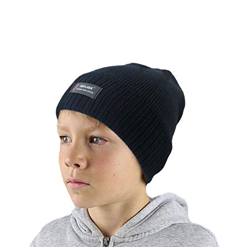 RockJock Boys R40 Thermal Insulation Warm Winter Beanie Hat with Fleece Lining for School, Sports, Walking Black