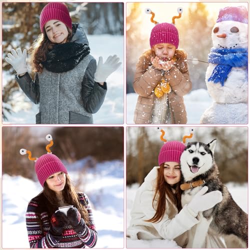 Zuimei Winter Monster Knit Hat, Parent-Child Glowing Beanie Hat Cute Macaron Knitted Hat Warm Cuffed Cap Knit Hats for Boys and Girls Red