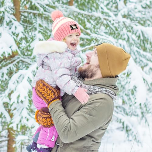 QKURT Children Beanie Hat Scarf Glove Set, Kids Winter Warm Knitted Set Stripe Thermal Cap with Pom Hairball Neck Warmer Gloves Soft Hat Scarf Mitten for 5-12 Years Old