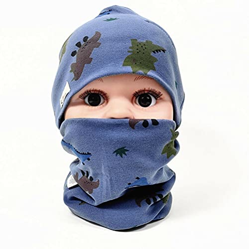 FUYAO Baby Kids Cotton Hat and Tube Scarf Set Children Toddler Spring Autumn Winter Warm Beanie Cap Scarves for Boys and Girls (Dinosaur Navy Blue, 3-6 Years)