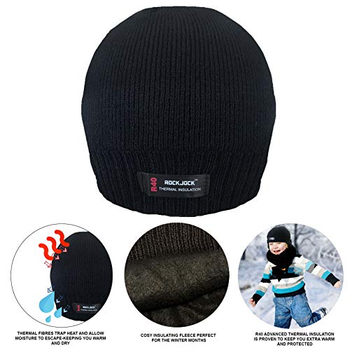 RockJock Boys R40 Thermal Insulation Warm Winter Beanie Hat with Fleece Lining for School, Sports, Walking Black