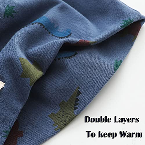 FUYAO Baby Kids Cotton Hat and Tube Scarf Set Children Toddler Spring Autumn Winter Warm Beanie Cap Scarves for Boys and Girls (Dinosaur Navy Blue, 3-6 Years)