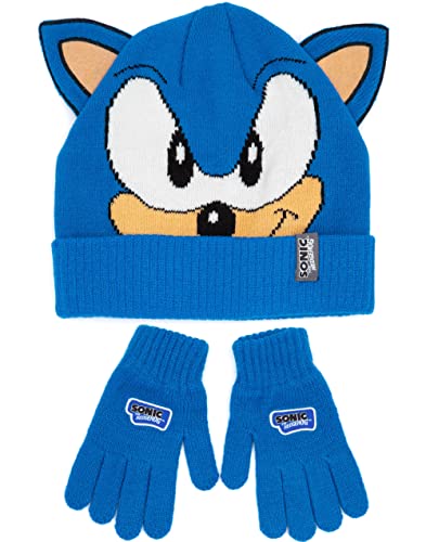 Sonic The Hedgehog Beanie Hat and Gloves Set Kids | Children Boys Girls Character Face 3D Ears Blue Winter Double Lined Beanie | One Size Hat