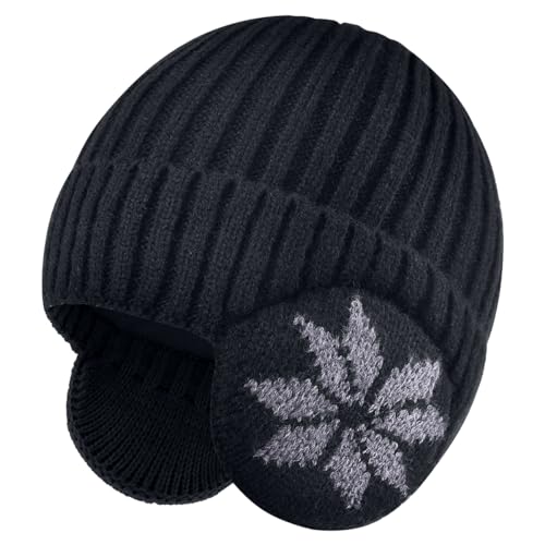 LCZTN FASHION Kids Unisex Beanie Winter 3-12 Year Hat for Warm Fleece Lined with Ear Flaps for Cute Boys and Girls (Acrylic, Black)