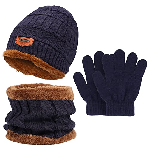 Makone Boys Hat Scarf and Gloves Set, Kids Winter Hat Scarf Gloves Set,For Girls Boys Warm Knitted Beanie Hats Snood Scarf and Gloves For Children
