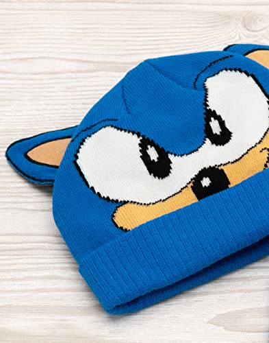 Sonic The Hedgehog Beanie Hat and Gloves Set Kids | Children Boys Girls Character Face 3D Ears Blue Winter Double Lined Beanie | One Size Hat