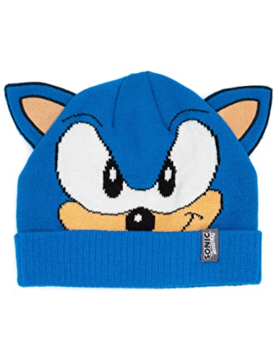 Sonic The Hedgehog Beanie Hat and Gloves Set Kids | Children Boys Girls Character Face 3D Ears Blue Winter Double Lined Beanie | One Size Hat