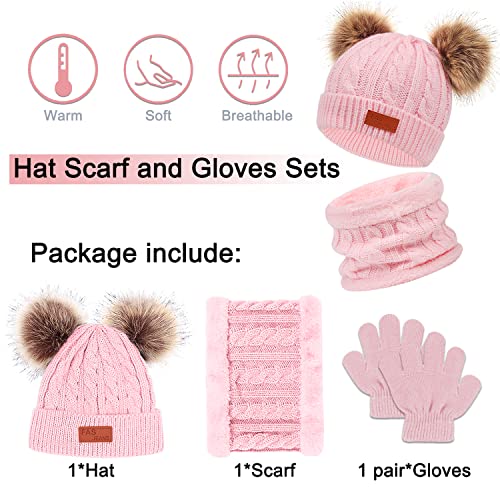 Kids Winter Beanie Hat Scarf Gloves Set 3 in1, 3Pcs Knit Warm Toddler Winter Cap Gloves Neck Warmer for Boys Girls 1-6 Year, Winter Accessories Sets for Children Outdoor Sports (Pink)