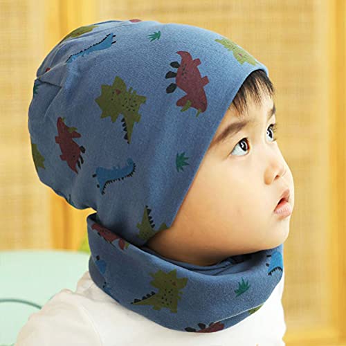 FUYAO Baby Kids Cotton Hat and Tube Scarf Set Children Toddler Spring Autumn Winter Warm Beanie Cap Scarves for Boys and Girls (Dinosaur Navy Blue, 3-6 Years)