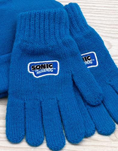 Sonic The Hedgehog Beanie Hat and Gloves Set Kids | Children Boys Girls Character Face 3D Ears Blue Winter Double Lined Beanie | One Size Hat