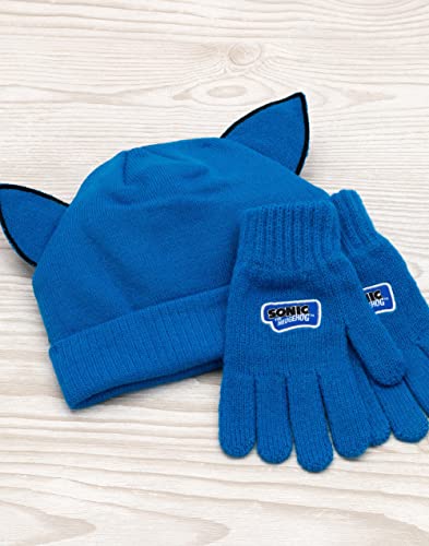 Sonic The Hedgehog Beanie Hat and Gloves Set Kids | Children Boys Girls Character Face 3D Ears Blue Winter Double Lined Beanie | One Size Hat