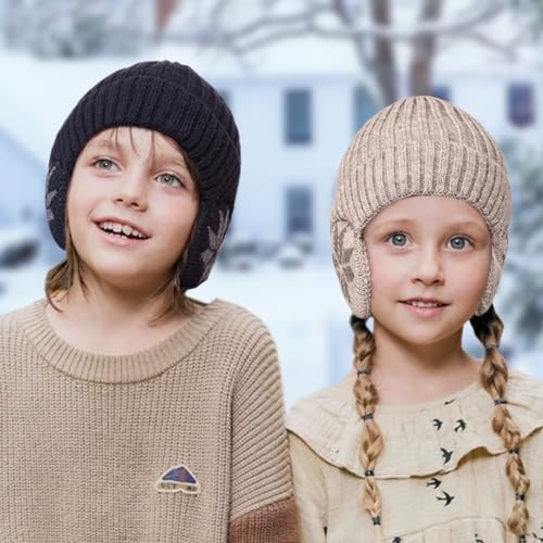 LCZTN FASHION Kids Unisex Beanie Winter 3-12 Year Hat for Warm Fleece Lined with Ear Flaps for Cute Boys and Girls (Acrylic, Black)