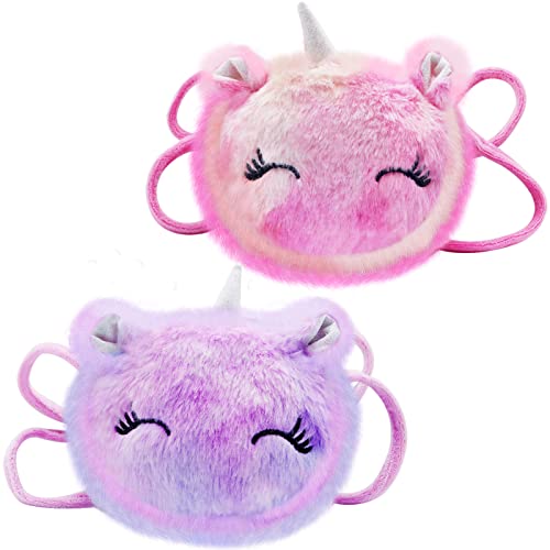 Wieat Mini Furry Unicorn Bag Girls, 2 Pcs Kids Unicorn Shoulder Bag Handbag Purse, Cute Pink/Purple Fluffy Wallet Bag for Keys Cards, Adorable Princess Gift for Toddler Kids Teens