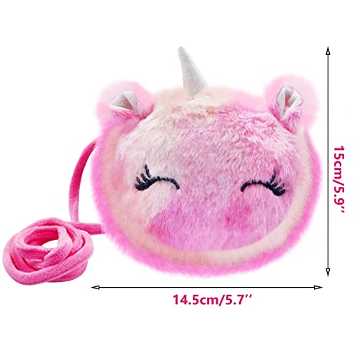 Wieat Mini Furry Unicorn Bag Girls, 2 Pcs Kids Unicorn Shoulder Bag Handbag Purse, Cute Pink/Purple Fluffy Wallet Bag for Keys Cards, Adorable Princess Gift for Toddler Kids Teens