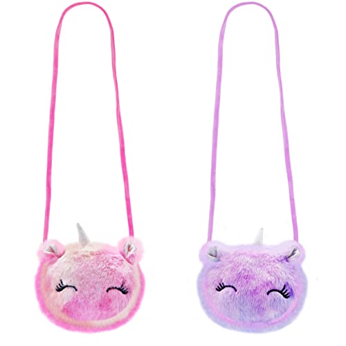 Wieat Mini Furry Unicorn Bag Girls, 2 Pcs Kids Unicorn Shoulder Bag Handbag Purse, Cute Pink/Purple Fluffy Wallet Bag for Keys Cards, Adorable Princess Gift for Toddler Kids Teens