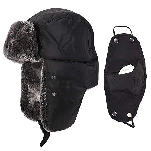Qchomee Kids Teens Winter Bomber Russian Hat with Ear Flaps Mask Faux Fur Trapper Warm Trooper Neck Face Protector Waterproof Hat Cap for Boy Girl Skating Skiing Outdoor Activities Aged 8-15Y