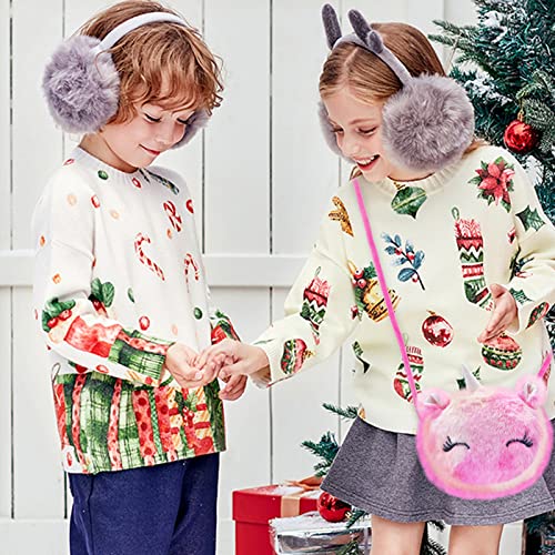 Wieat Mini Furry Unicorn Bag Girls, 2 Pcs Kids Unicorn Shoulder Bag Handbag Purse, Cute Pink/Purple Fluffy Wallet Bag for Keys Cards, Adorable Princess Gift for Toddler Kids Teens