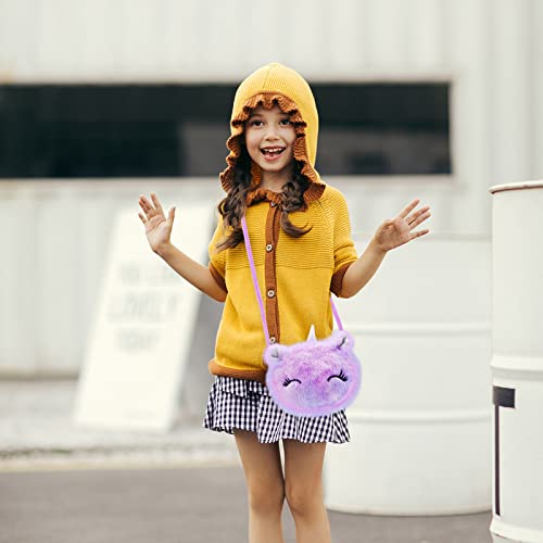 Wieat Mini Furry Unicorn Bag Girls, 2 Pcs Kids Unicorn Shoulder Bag Handbag Purse, Cute Pink/Purple Fluffy Wallet Bag for Keys Cards, Adorable Princess Gift for Toddler Kids Teens