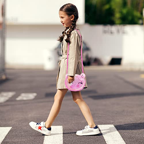 Wieat Mini Furry Unicorn Bag Girls, 2 Pcs Kids Unicorn Shoulder Bag Handbag Purse, Cute Pink/Purple Fluffy Wallet Bag for Keys Cards, Adorable Princess Gift for Toddler Kids Teens