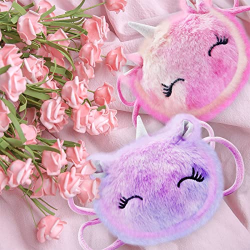 Wieat Mini Furry Unicorn Bag Girls, 2 Pcs Kids Unicorn Shoulder Bag Handbag Purse, Cute Pink/Purple Fluffy Wallet Bag for Keys Cards, Adorable Princess Gift for Toddler Kids Teens