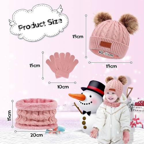 flintronic 3PCS Kids Winter Beanie Hat Scarf Gloves Set, 3 In 1 Knit Warm Toddler Winter Cap Gloves Neck Warmer, Winter Thick Warm Accessories Sets for Boys Girls of 1-5 Years, Pink