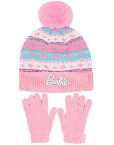 Barbie Hat and Gloves Set Kids | Children Girls Pink Silver Logo Fairisle Winter Double Lined Pom Beanie | One Size Hat