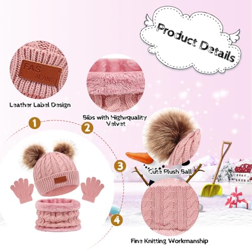 flintronic 3PCS Kids Winter Beanie Hat Scarf Gloves Set, 3 In 1 Knit Warm Toddler Winter Cap Gloves Neck Warmer, Winter Thick Warm Accessories Sets for Boys Girls of 1-5 Years, Pink