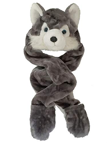 Kids Boys/Girls Childrens Animal Faux Fur Head Trapper Hat Hood Scarf Snood Gloves See Listing For Options One Size (Wolf/Husky.)
