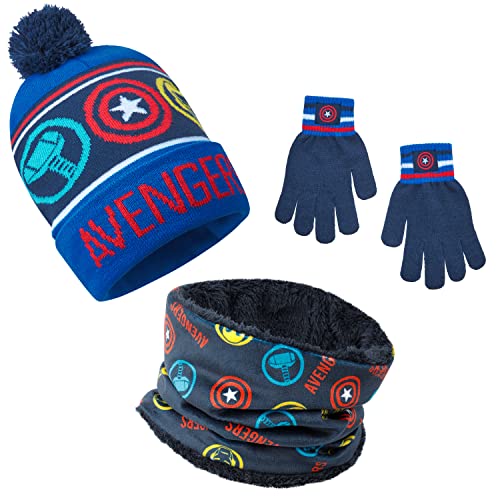 Marvel Beanie Hat Scarf and Gloves Set Kids - Avengers 2 or 3 Piece Winter Set - Spiderman Gifts for Boys (Blue Avengers)