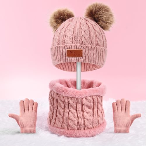 flintronic 3PCS Kids Winter Beanie Hat Scarf Gloves Set, 3 In 1 Knit Warm Toddler Winter Cap Gloves Neck Warmer, Winter Thick Warm Accessories Sets for Boys Girls of 1-5 Years, Pink