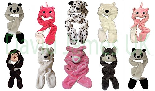 Kids Boys/Girls Childrens Animal Faux Fur Head Trapper Hat Hood Scarf Snood Gloves See Listing For Options One Size (Wolf/Husky.)