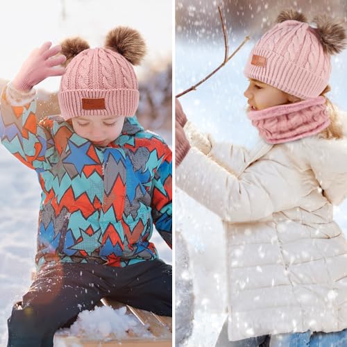 flintronic 3PCS Kids Winter Beanie Hat Scarf Gloves Set, 3 In 1 Knit Warm Toddler Winter Cap Gloves Neck Warmer, Winter Thick Warm Accessories Sets for Boys Girls of 1-5 Years, Pink