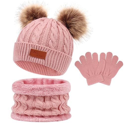 flintronic 3PCS Kids Winter Beanie Hat Scarf Gloves Set, 3 In 1 Knit Warm Toddler Winter Cap Gloves Neck Warmer, Winter Thick Warm Accessories Sets for Boys Girls of 1-5 Years, Pink