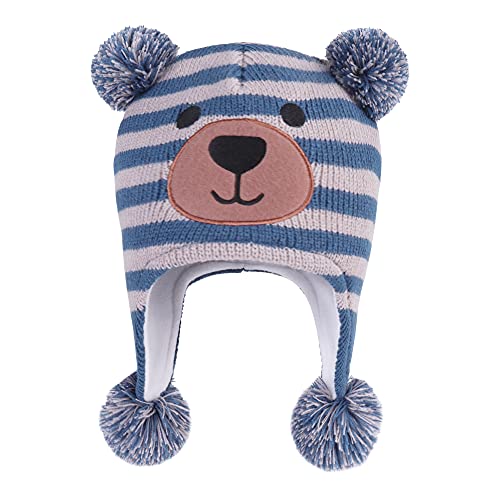 LANGZHEN Toddler Kids Infant Winter Hat,Earflap Knit Warm Cap Fleece Lined Beanie for Baby Boys Girls,Bear -Blue+Grey Stripe 2-4 Years