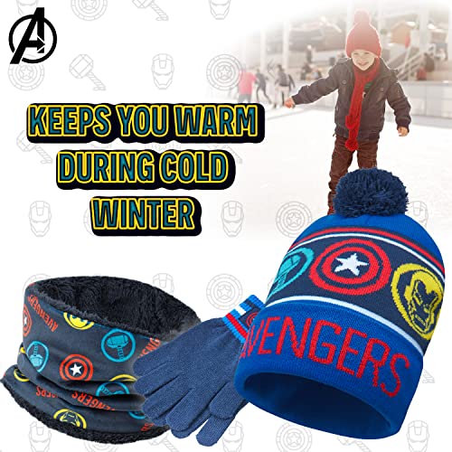 Marvel Beanie Hat Scarf and Gloves Set Kids - Avengers 2 or 3 Piece Winter Set - Spiderman Gifts for Boys (Blue Avengers)