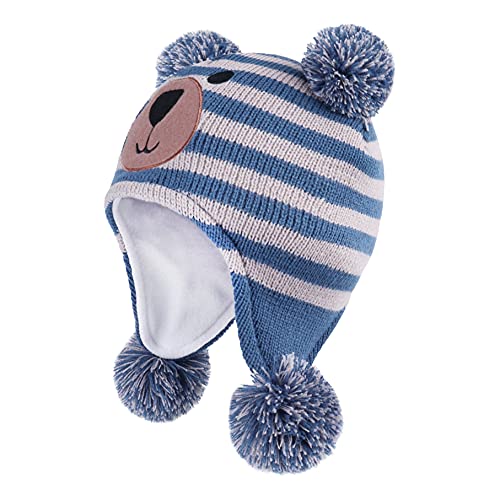 LANGZHEN Toddler Kids Infant Winter Hat,Earflap Knit Warm Cap Fleece Lined Beanie for Baby Boys Girls,Bear -Blue+Grey Stripe 2-4 Years