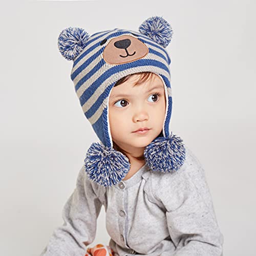 LANGZHEN Toddler Kids Infant Winter Hat,Earflap Knit Warm Cap Fleece Lined Beanie for Baby Boys Girls,Bear -Blue+Grey Stripe 2-4 Years