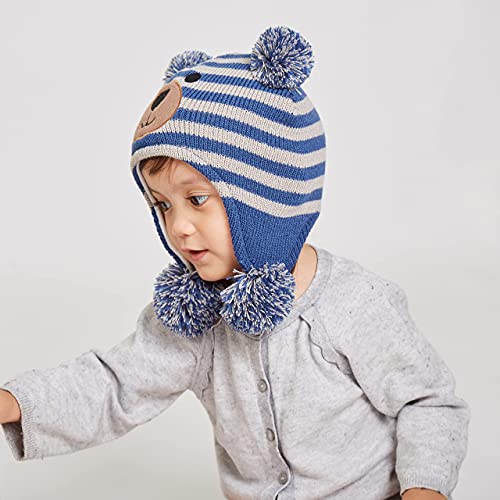 LANGZHEN Toddler Kids Infant Winter Hat,Earflap Knit Warm Cap Fleece Lined Beanie for Baby Boys Girls,Bear -Blue+Grey Stripe 2-4 Years