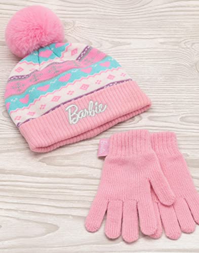 Barbie Hat and Gloves Set Kids | Children Girls Pink Silver Logo Fairisle Winter Double Lined Pom Beanie | One Size Hat