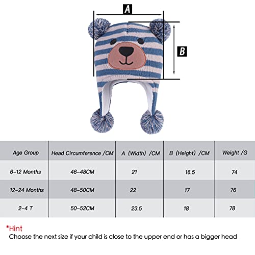 LANGZHEN Toddler Kids Infant Winter Hat,Earflap Knit Warm Cap Fleece Lined Beanie for Baby Boys Girls,Bear -Blue+Grey Stripe 2-4 Years