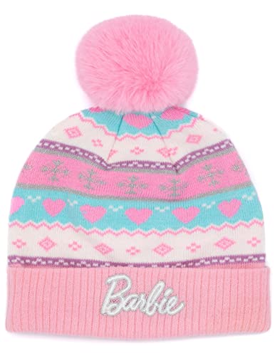 Barbie Hat and Gloves Set Kids | Children Girls Pink Silver Logo Fairisle Winter Double Lined Pom Beanie | One Size Hat