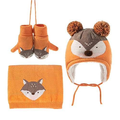 Baby Fox Hats Baby Mittens Baby Girls Boys Winter Warm Knit Hat Scarf Gloves 3 Pieces Set (Orange, 1-4 Years)